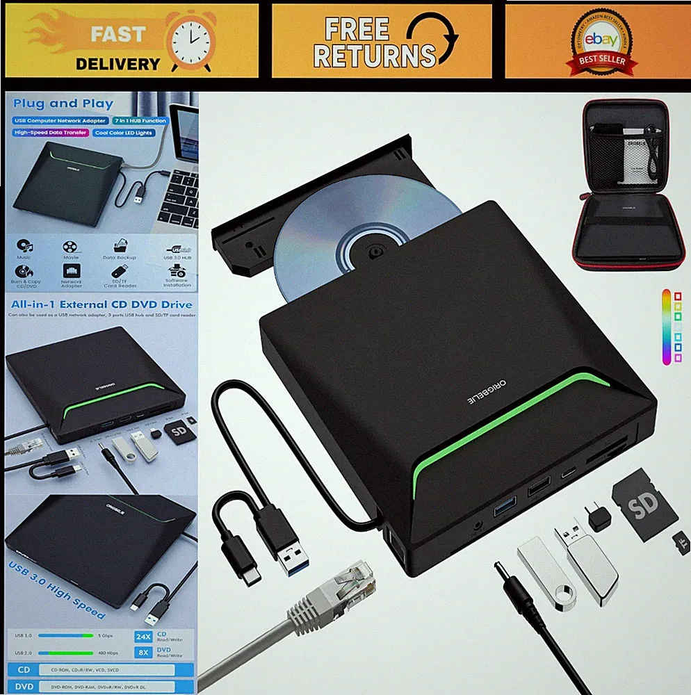 External CD DVD Drive USB 3.0 Burner with Ethernet, 3 USB & 2 SD Card Ports, Por
