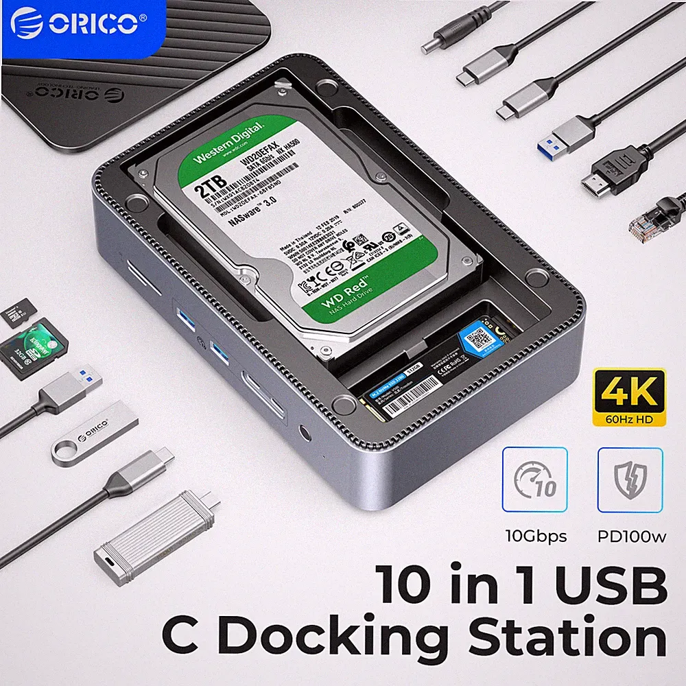 ORICO 12-in-1 USB C Hub Docking Station Dual Hard Drive Enclosure 2.5/3.5" SSD
